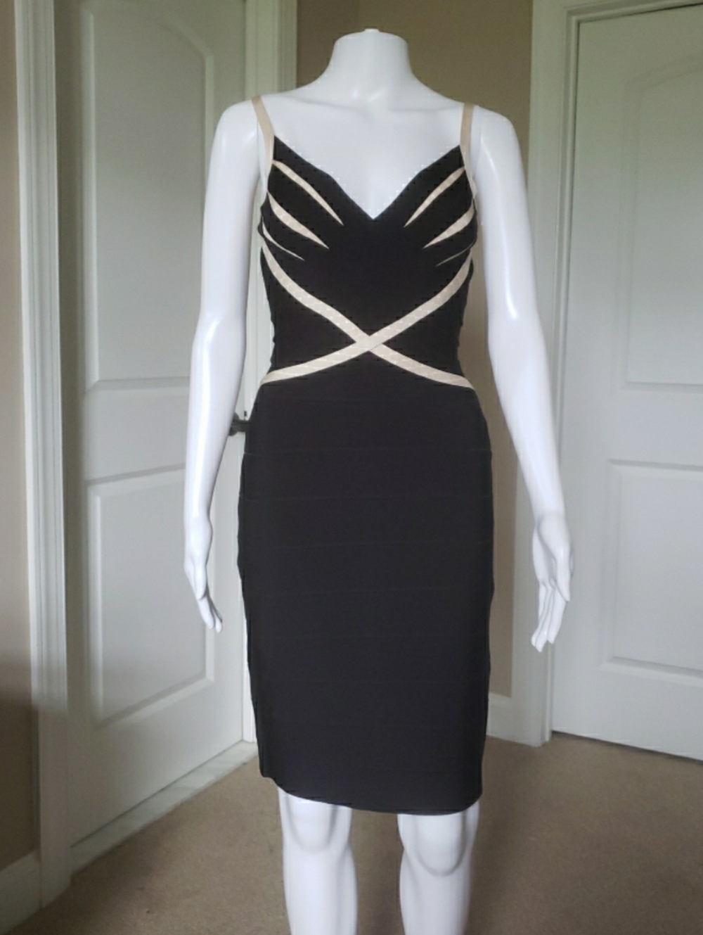 Herve Leger Black Midi Bandage Dress with Cream Strappy Accents